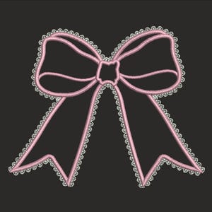 May include: A pink embroidered bow with a delicate white lace trim, set against a dark gray background. The bow's design features a classic shape with looped ribbons and a central knot, perfect for embellishing crafts or apparel.