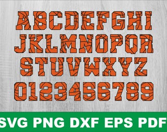 May include: An alphabet and numbers with a basketball pattern. The letters are uppercase and the numbers are in a bold font.