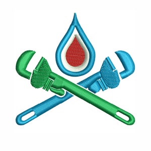 May include: A blue water drop with a red center is surrounded by two crossed green and blue wrenches. The wrenches are a symbol of plumbing and the water drop represents water.