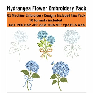 May include: A white background features a collection of hydrangea flower embroidery designs. The designs include blue and white flowers with green leaves and stems. Text at the top reads "Hydrangea Flower Embroidery Pack".