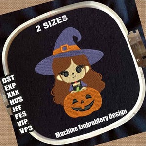 May include: Machine embroidery design featuring a cartoon witch with brown hair and a purple hat holding an orange jack-o'-lantern. The design is on a black background and includes the text "2 SIZES" and "Machine Embroidery Design".