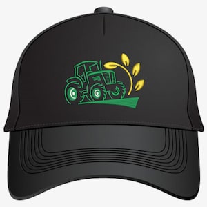 Pode incluir: Bon&eacute; de beisebol preto com um trator verde bordado e um design de trigo amarelo.