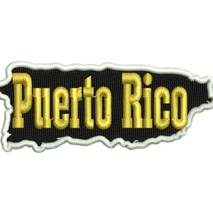 May include: An embroidered patch shaped like the island of Puerto Rico, featuring a black background with the text Puerto Rico stitched in yellow thread and a white border outlining the entire shape of the island map design.