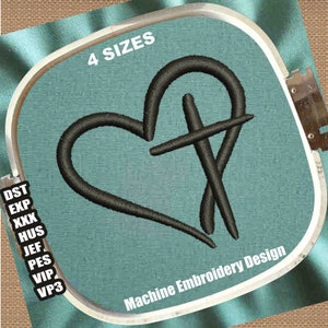 May include: A black embroidery design of a heart with a cross inside. The design is on a teal fabric and is labeled "4 SIZES" and "Machine Embroidery Design".