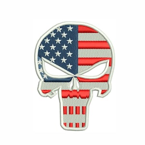 May include: Embroidered patch featuring a skull design with the American flag incorporated. The skull's left side displays the blue field with white stars, while the right side shows red and white stripes. The patch has a white border.