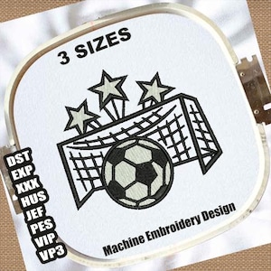 May include: Machine embroidery design featuring a soccer ball in front of a goal with three stars above. The design is outlined in black and white. The text "3 SIZES" is at the top. The words "Machine Embroidery Design" are at the bottom.