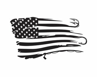 May include: A distressed black and white American flag design with a frayed edge.