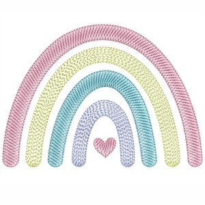 May include: A rainbow with four arches in pink, yellow, blue, and purple with a small pink heart in the center.