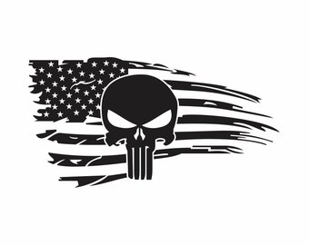 Könnte beinhalten: Eine Schwarzweißillustration eines Schädels mit einer zerfetzten amerikanischen Flagge dahinter.