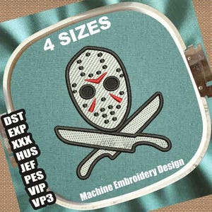 May include: Machine embroidery design featuring a hockey mask with crossed knives. The mask is white with black and red details. The text "4 SIZES" is at the top, and "Machine Embroidery Design" is at the bottom. The design is in a hoop.
