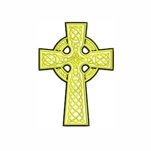 May include: A yellow Celtic cross with intricate knotwork design. The cross is outlined in black.