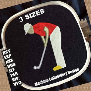 Op de afbeelding: Machine borduurontwerp met een golfer in een rood shirt, witte broek en gele schoenen, gebogen over een golfclub. Het ontwerp staat op een zwarte achtergrond en bevat de tekst "3 SIZES" en "Machine Embroidery Design".