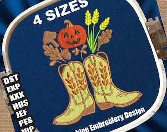 Diseños de bordado a máquina de vaqueros del oeste para otoño / Patrones de bordado de botas de vaquero / Archivos de bordado de vaqueros con calabazas / Archivo de bordado de otoño