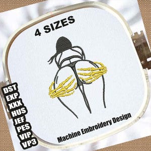 Könnte beinhalten: Maschinenstickdesign mit einer schwarzen Silhouette einer Person mit skelettartigen Händen, die nach ihrem Hinterteil greifen. Das Design ist in vier Größen erhältlich: DST, EXP, XXX, HUS, JEF, PES, VIP und VP3.