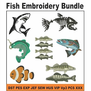 May include: A white background features a "Fish Embroidery Bundle" graphic. The bundle includes various fish designs: a shark, fish skeleton, clownfish, and several other fish. The bottom of the image displays embroidery file formats.