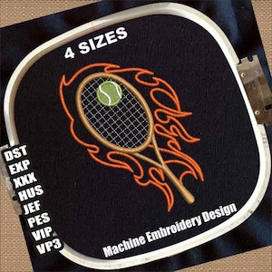 May include: Machine embroidery design of a tennis racket with a tennis ball on fire. The design is available in four sizes: DST, EXP, XXX, HUS, JEF, PES, VIP, and VP3.