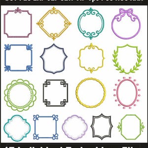 May include: A collection of 17 individual embroidery frame designs in various shapes and colors, including square, circular, and shield styles. The text at the top reads DST PES EXP JEF SEW VIP Vp3 PCS HUS XXX and at the bottom 17 Individual Embroidery Files.