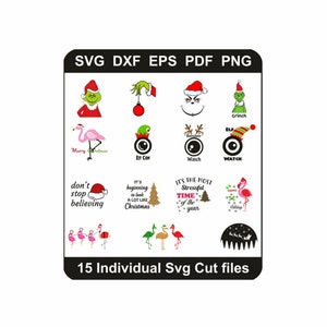 May include: A digital collection of 15 individual SVG, DXF, EPS, PDF, and PNG cut files featuring Christmas-themed graphics. Designs include green characters, pink flamingos, reindeer antlers, elf hats, and holiday text like Merry Christmas.