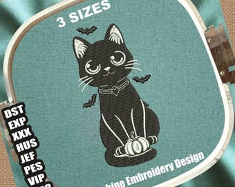 Diseños de bordado de gato de Halloween / Archivo DST de gato negro de Halloween / Archivo PES de calabaza de Halloween con gato / Patrón de bordado a máquina de gato negro