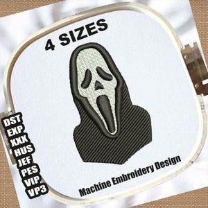 May include: Machine embroidery design featuring the iconic Scream mask. The design is in a square embroidery hoop, with the text "4 SIZES" at the top. The words "Machine Embroidery Design" are at the bottom. The design is black and white.