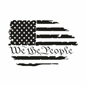 Może przedstawiać: Zniszczona czarno-biała flaga amerykańska z napisem "We the People" w stylizowanym foncie.
