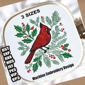 Weihnachtskardinal Stickdatei Maschinenstickmotive | Kardinal Stickmuster | Kardinalvogel Stickdatei | Weihnachten Stickmotive