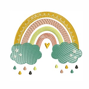 Puede incluir: Un arcoíris con rayas amarillas, rosas y verdes, con nubes y gotas de lluvia debajo. El arcoíris tiene un pequeño corazón en el centro.