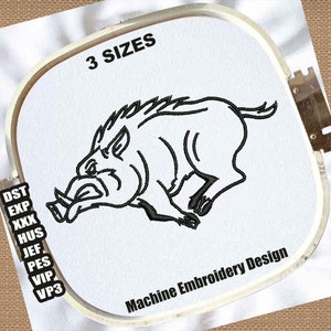 May include: Black and white machine embroidery design of a wild boar running. The design is available in three sizes. The text "3 SIZES" and "Machine Embroidery Design" are also included in the image.