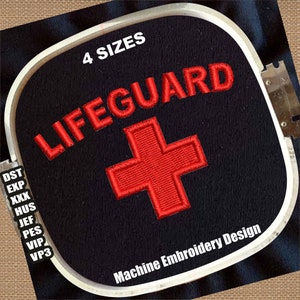 May include: A black embroidery hoop with a red embroidered design of a white cross and the text "LIFEGUARD" in red. The text "4 SIZES" and "Machine Embroidery Design" are also visible in white.