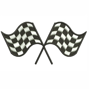 Puede incluir: Dos banderas de carreras a cuadros negros y blancos cruzadas en el medio. Las banderas ondean al viento.