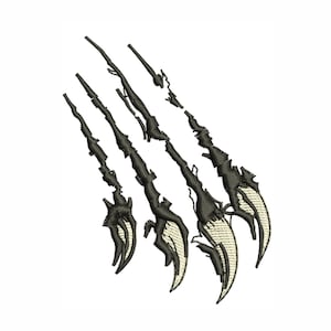 May include: Black and white claw marks with a distressed look. The claw marks are stylized and have a jagged edge.