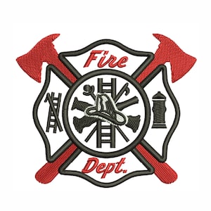 May include: A black and white fire department emblem with a red background. The emblem features a crossed axe, a ladder, a fire hose, a fire hydrant, and a fireman's helmet. The words "Fire Dept." are written in a black cursive font.