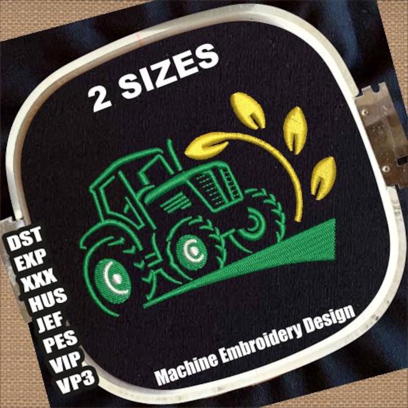 Pode incluir: Trator verde com uma espiga de trigo amarela atr&aacute;s. O trator est&aacute; em uma colina verde. O texto "2 SIZES" est&aacute; na parte superior da imagem. O texto "Machine Embroidery Design" est&aacute; na parte inferior da imagem.