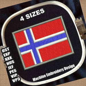 May include: A machine embroidery design of the Norwegian flag in red, white, and blue. The design is available in four sizes. The text "4 SIZES" and "Machine Embroidery Design" are also included in the image.