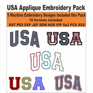 Puede incluir: Sobre un fondo blanco, el texto "USA Applique Embroidery Pack" y "5 Machine Embroidery Designs Included this Pack". Se muestran varios diseños de "USA", en diversos colores y patrones, incluyendo estrellas y rayas.