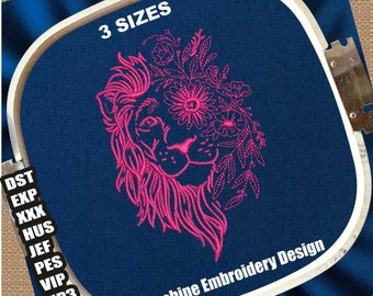 Boho Lion Embroidery Pattern | Half Lion Face Half Flower DST File | Bear Lion with Floral PES File | Lion Head and Flower Embroidery Design