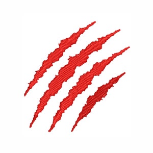 May include: Red claw marks on a white background. The marks are jagged and uneven, suggesting a powerful animal.