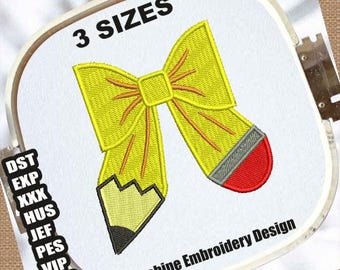 Bow Pencil Machine Embroidery Designs | Back to School Embroidery Pattern | Teacher Embroidery | School Embroidery | Coquette Bow Embroidery