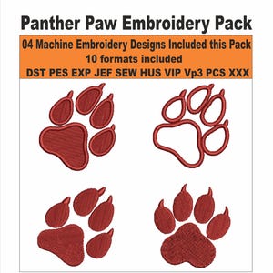 May include: A white background features four machine embroidery designs of panther paw prints in shades of red. The text "Panther Paw Embroidery Pack" and other details are displayed in the image.