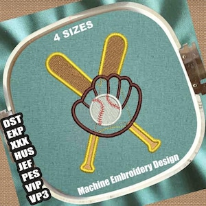 Baseball Applique Machine Embroidery Design | Baseball Cross Bat With Mitt Embroidery Pattern | Sports Embroidery File | Baseball Embroidery