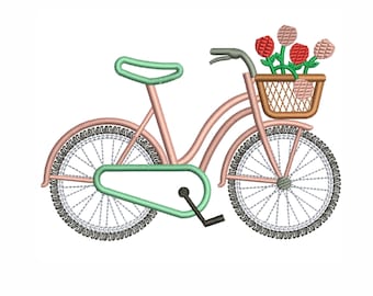 Fiets met bloemen borduurontwerp | Ontwerppatroon fietsborduurwerk bloemen | Fietsborduurontwerp DST PES-indeling