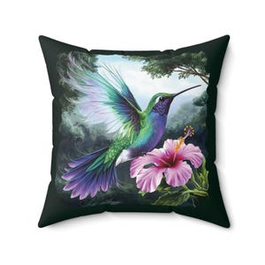 Vibrant Feathery Hummingbird Hibiscus Floral Sqaure Pillow, Decorative Cushion, Floral Home Decor, Nature Inspired Gift, Double Sided Print
