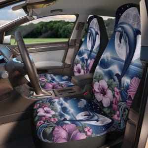 2pc Dolphin Hibiscus Floral Universal Protective Car Seat Covers - Tropical Beach Ocean Print, Vehicle Accessories, Auto Interior Decor