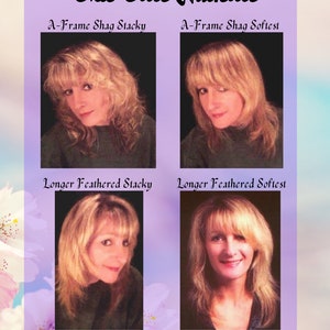 May include: A collage of four images showing different hairstyles for women. The hairstyles are labeled "A-Frame Shag Stacky", "A-Frame Shag Softest", "Longer Feathered Stacky", and "Longer Feathered Softest". The text "All Haircuts are combined with Bangs & Ends" is at the bottom of the collage.