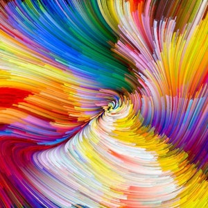 May include: Abstract digital art with a swirling vortex of vibrant colors. The artwork features streaks of red, orange, yellow, green, blue, and purple, creating a dynamic and energetic visual effect. The colors blend and flow together.