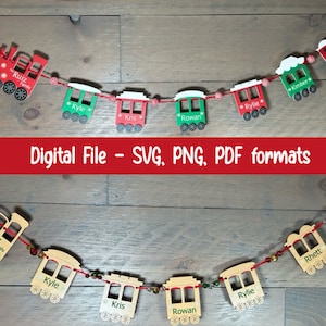 Archivo digital: Guirnalda de tren de Navidad. Personalizable. Dos versiones. SVG. Listo para láser.