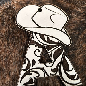 Digital File - Western initial keyrings with cowboy hat and detailed pattern. Leather and wood/acrylic versions. Laser ready.