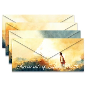 Peut inclure: Quatre enveloppes avec une œuvre d'art à l'aquarelle. Les enveloppes présentent un paysage avec une figure et le texte "Memorial of Jesus' Death". La palette de couleurs comprend des tons jaunes, oranges et bleus, créant une atmosphère sereine et spirituelle. Les enveloppes sont pour des occasions religieuses.