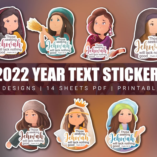 JW 2022 Year Text Printable Stickers | 7 Faithful Women Designs | 14 Sheets PDF | JW Sticker Bundle