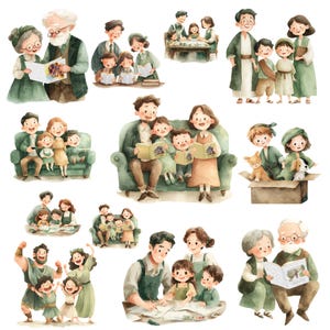 May include: Watercolor illustrations of families in various settings. Scenes include parents reading to children, families gathered around tables, and children playing. The color palette is soft, with greens, browns, and yellows dominating the images. The overall theme is family and togetherness.